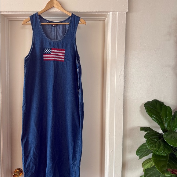 lindsey michelle Dresses & Skirts - Denim Midi Dress with American Flag Patch